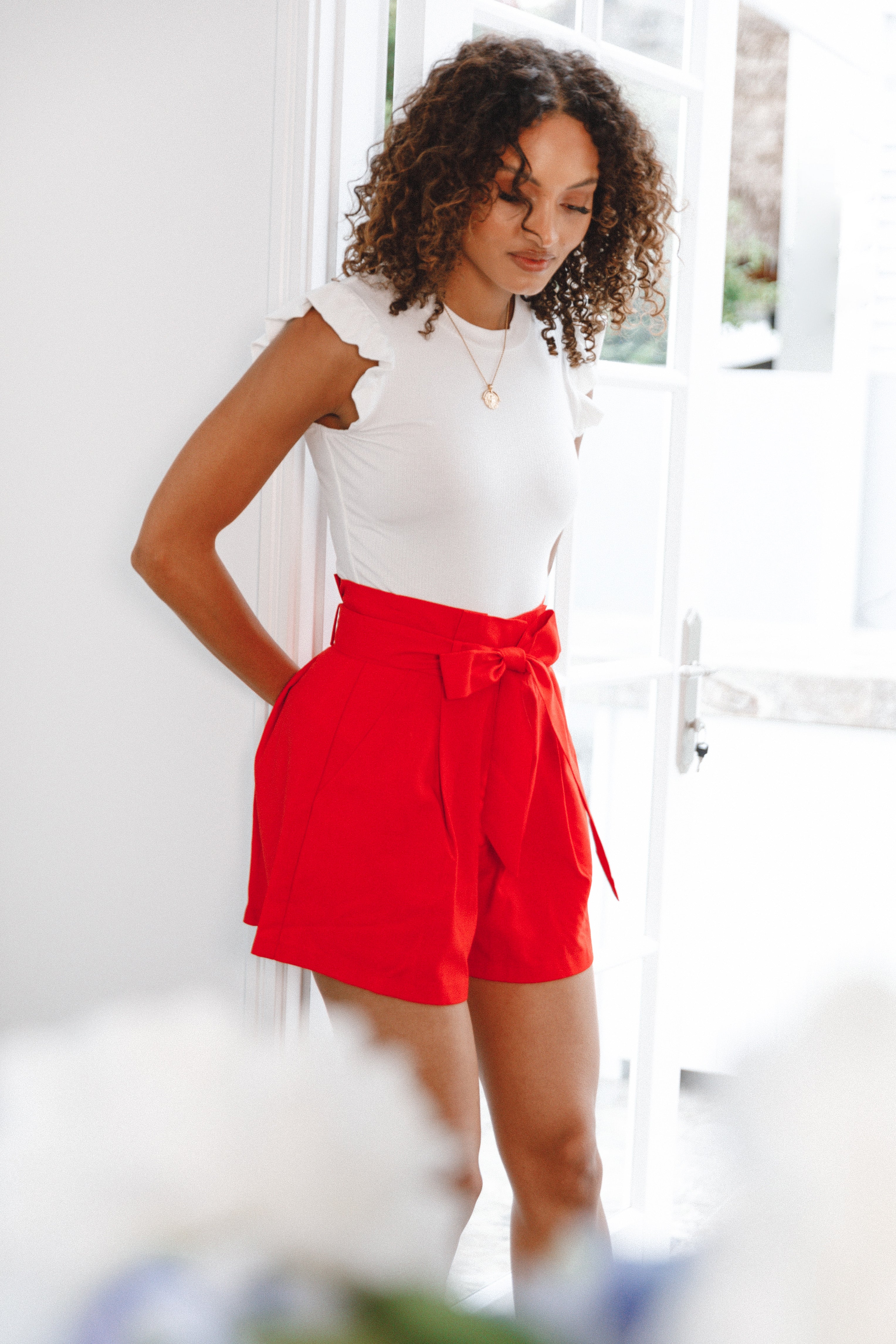 Maya High Waisted Paperbag Shorts - Red-Sunny Prom
