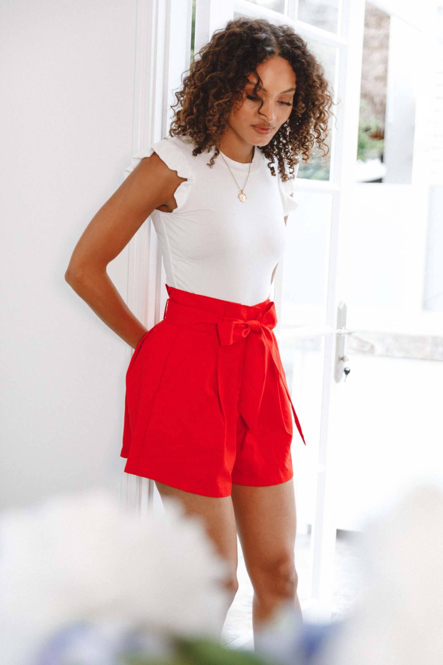 Maya High Waisted Paperbag Shorts - Red-Sunny Prom