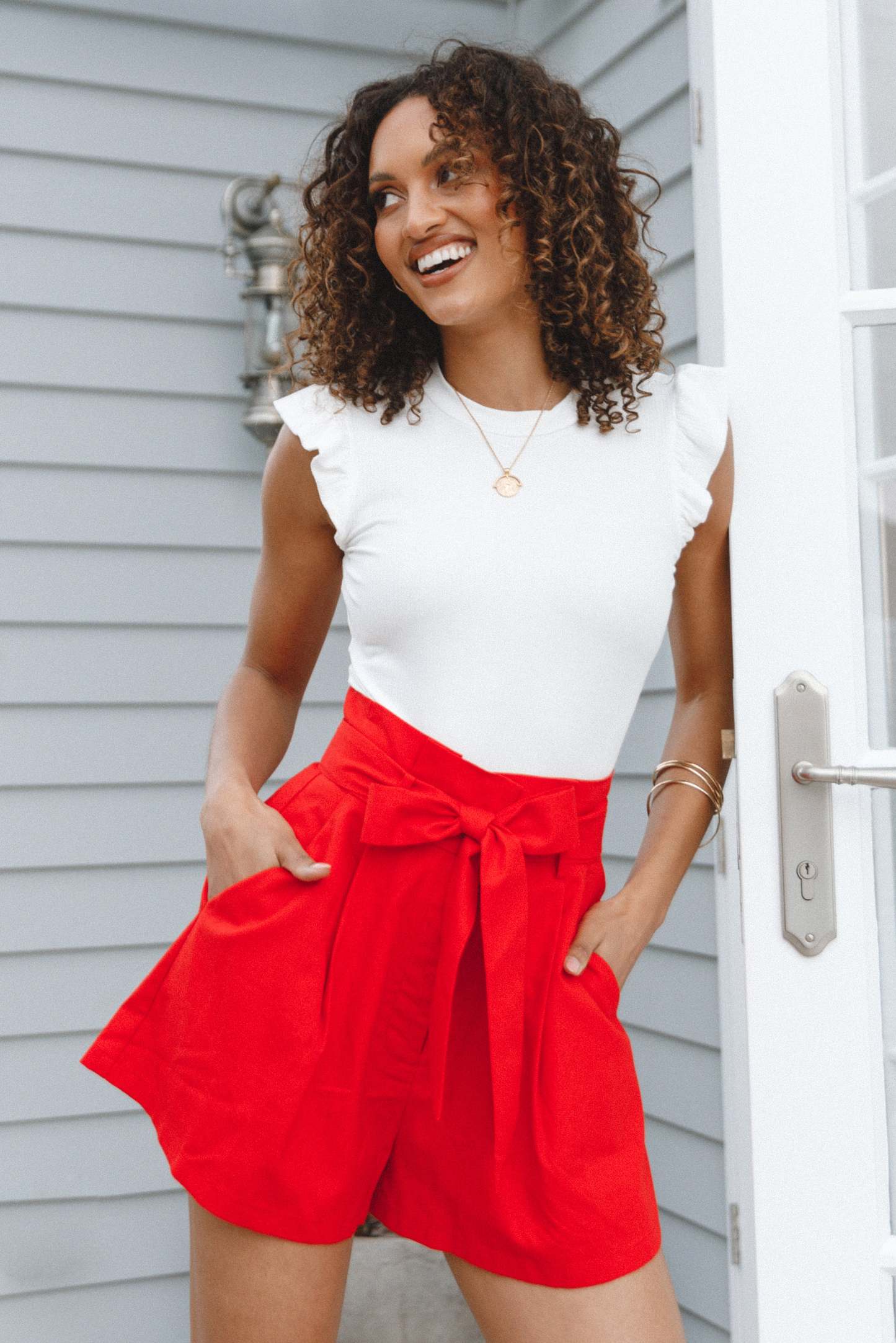 Maya High Waisted Paperbag Shorts - Red-Sunny Prom
