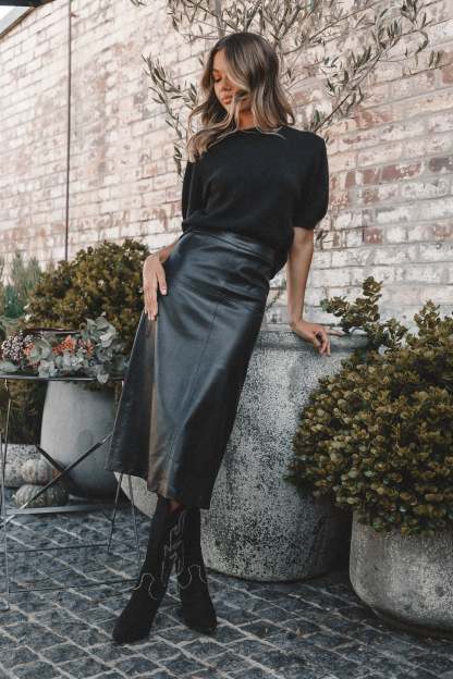 Miller Faux Leather Midi Skirt - Black-Sunny Prom