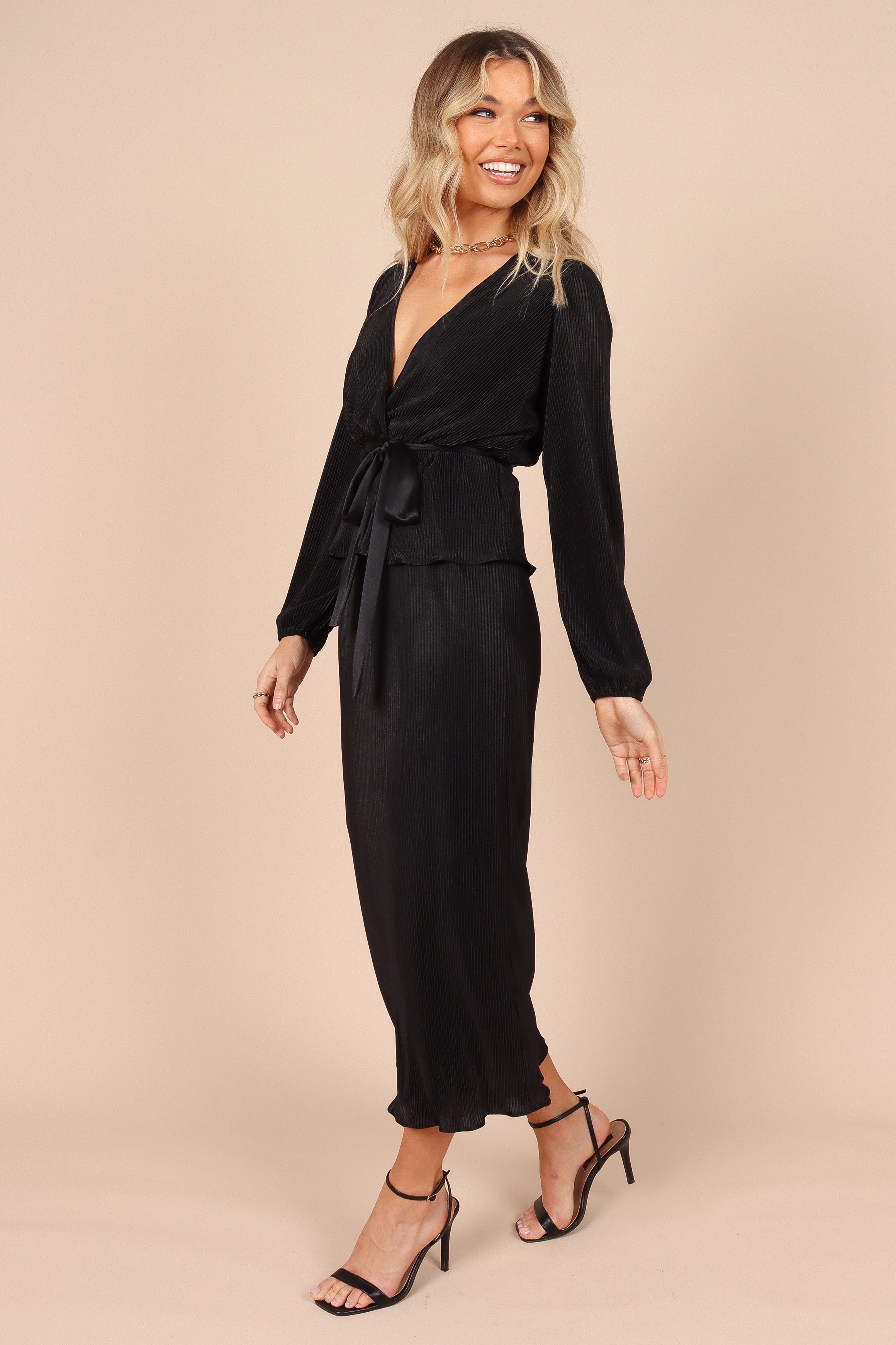 Minelli Pleat Midi Skirt - Black-Sunny Prom