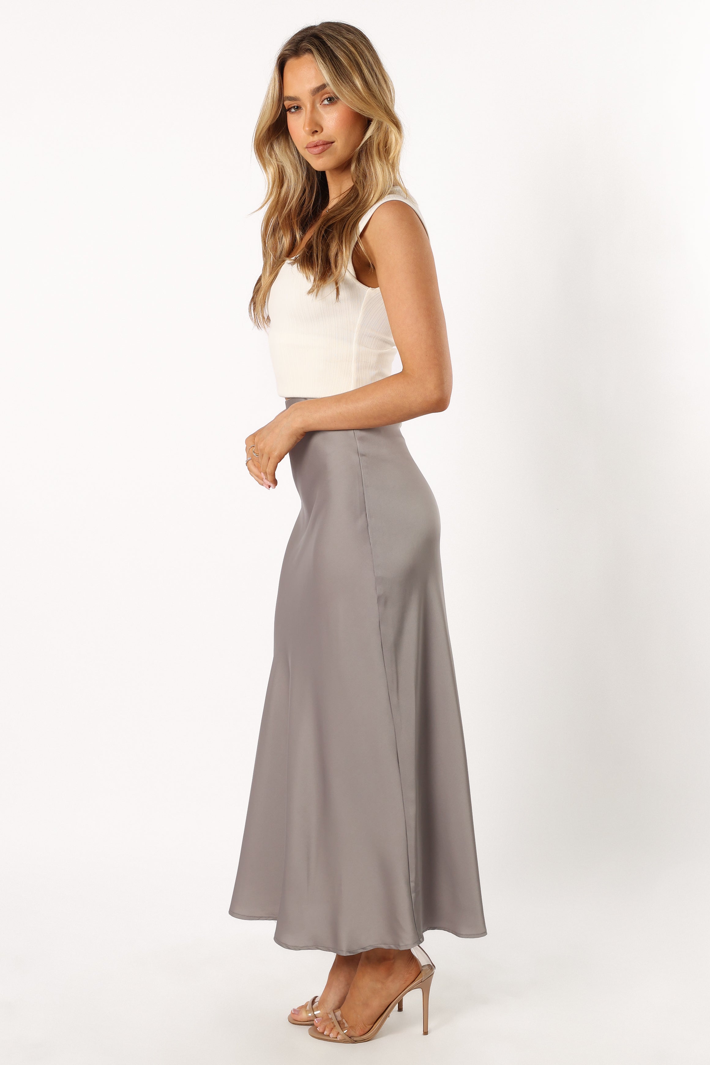 Nellie Satin Midi Skirt - Silver-Sunny Prom
