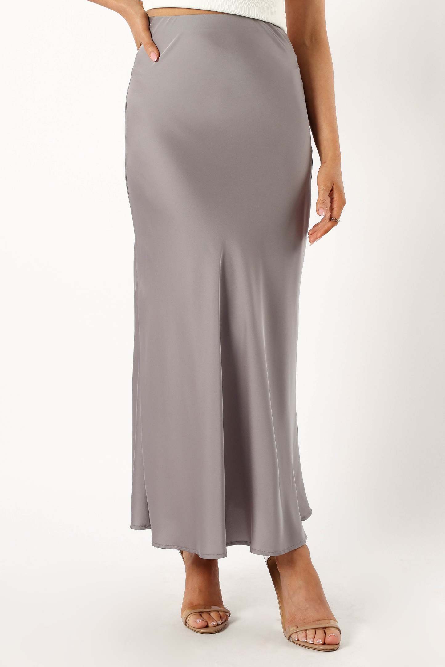 Nellie Satin Midi Skirt - Silver-Sunny Prom