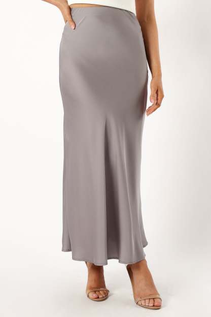 Nellie Satin Midi Skirt - Silver-Sunny Prom
