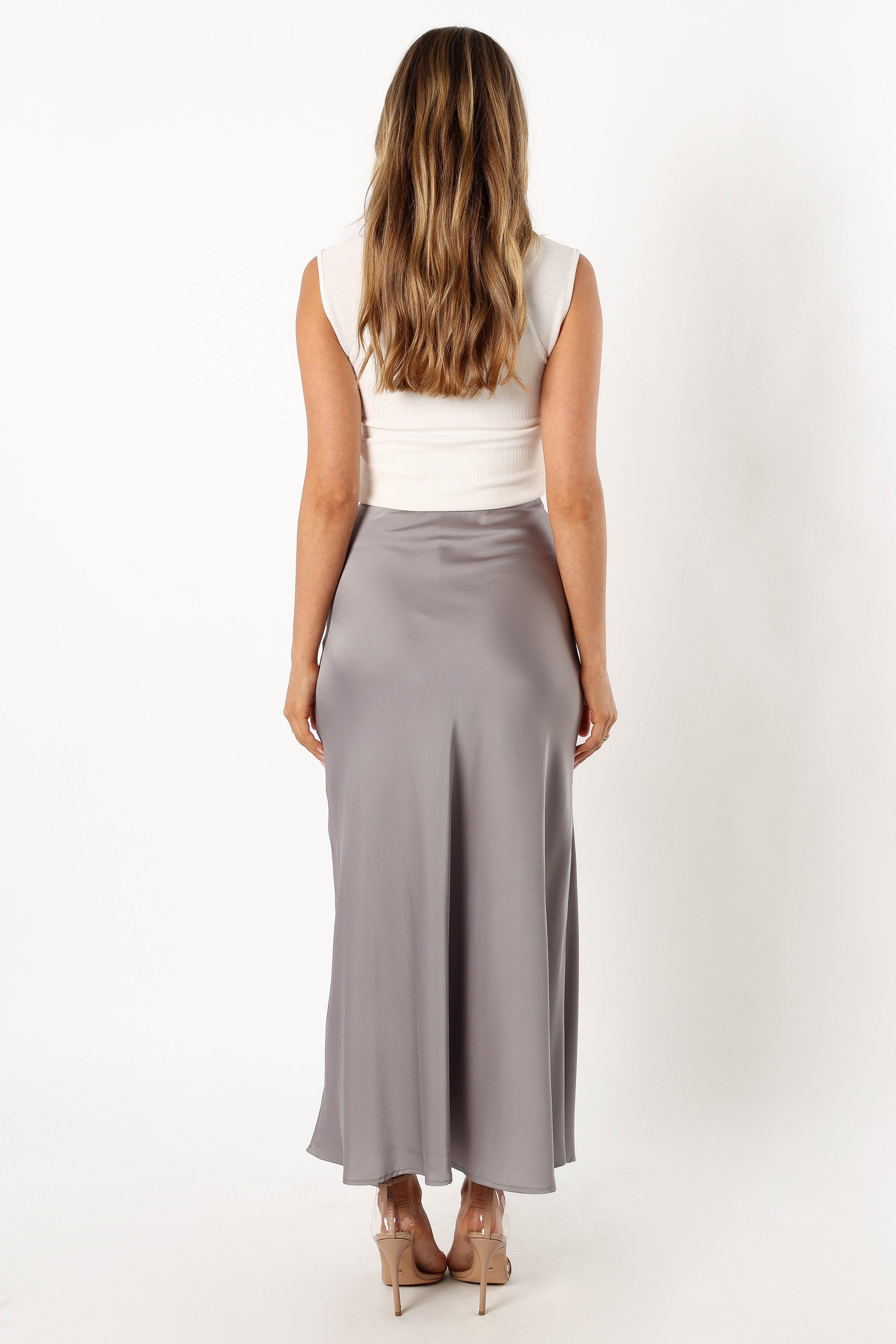 Nellie Satin Midi Skirt - Silver-Sunny Prom