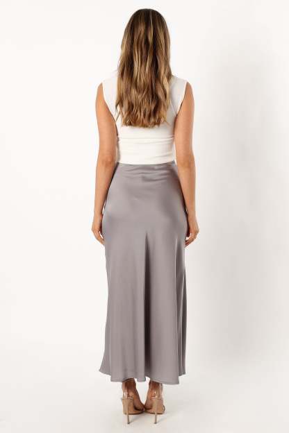 Nellie Satin Midi Skirt - Silver-Sunny Prom