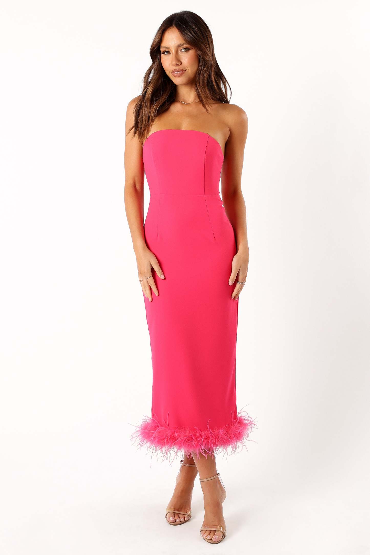 Darbie Strapless Feather Midi Dress - Berry-Sunny Prom