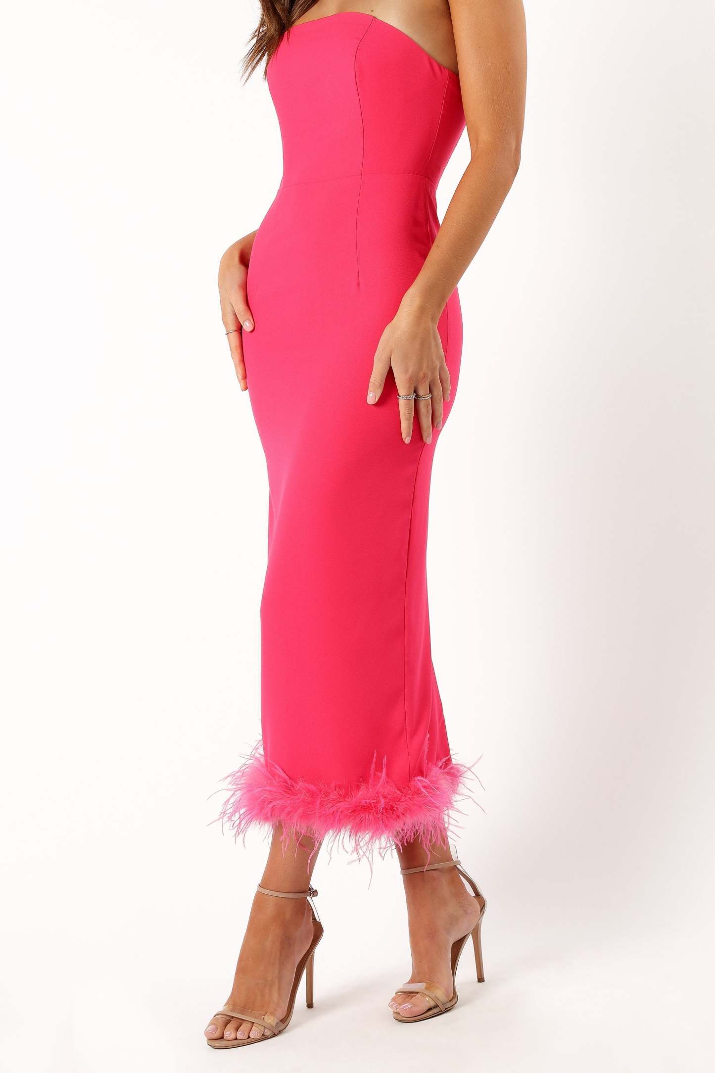 Darbie Strapless Feather Midi Dress - Berry-Sunny Prom