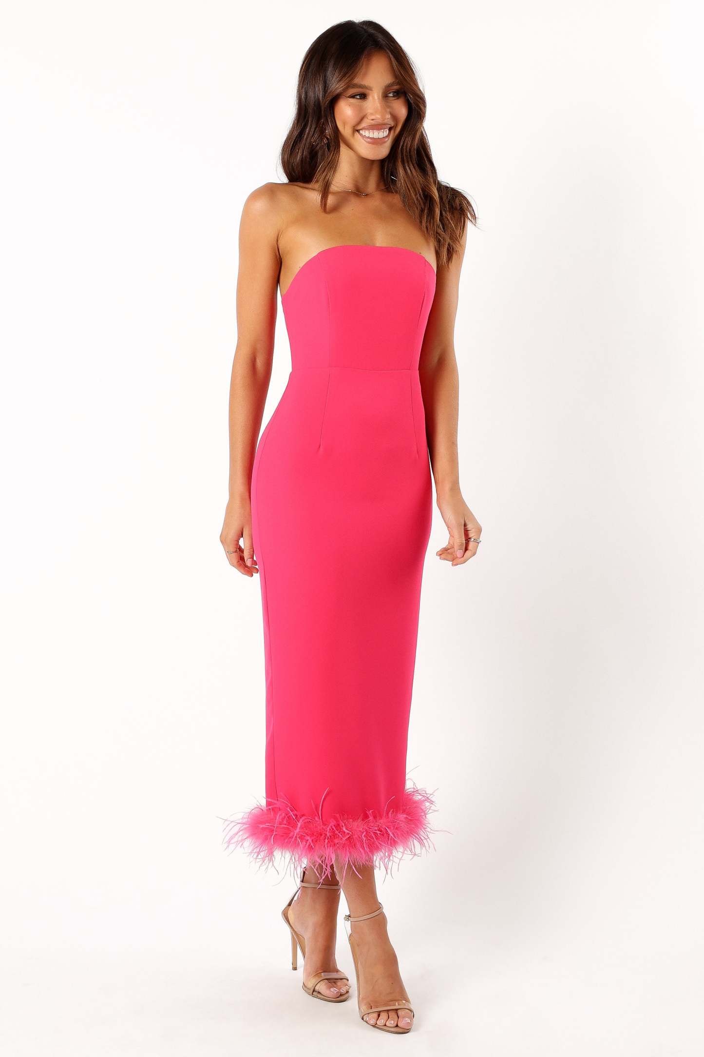 Darbie Strapless Feather Midi Dress - Berry-Sunny Prom