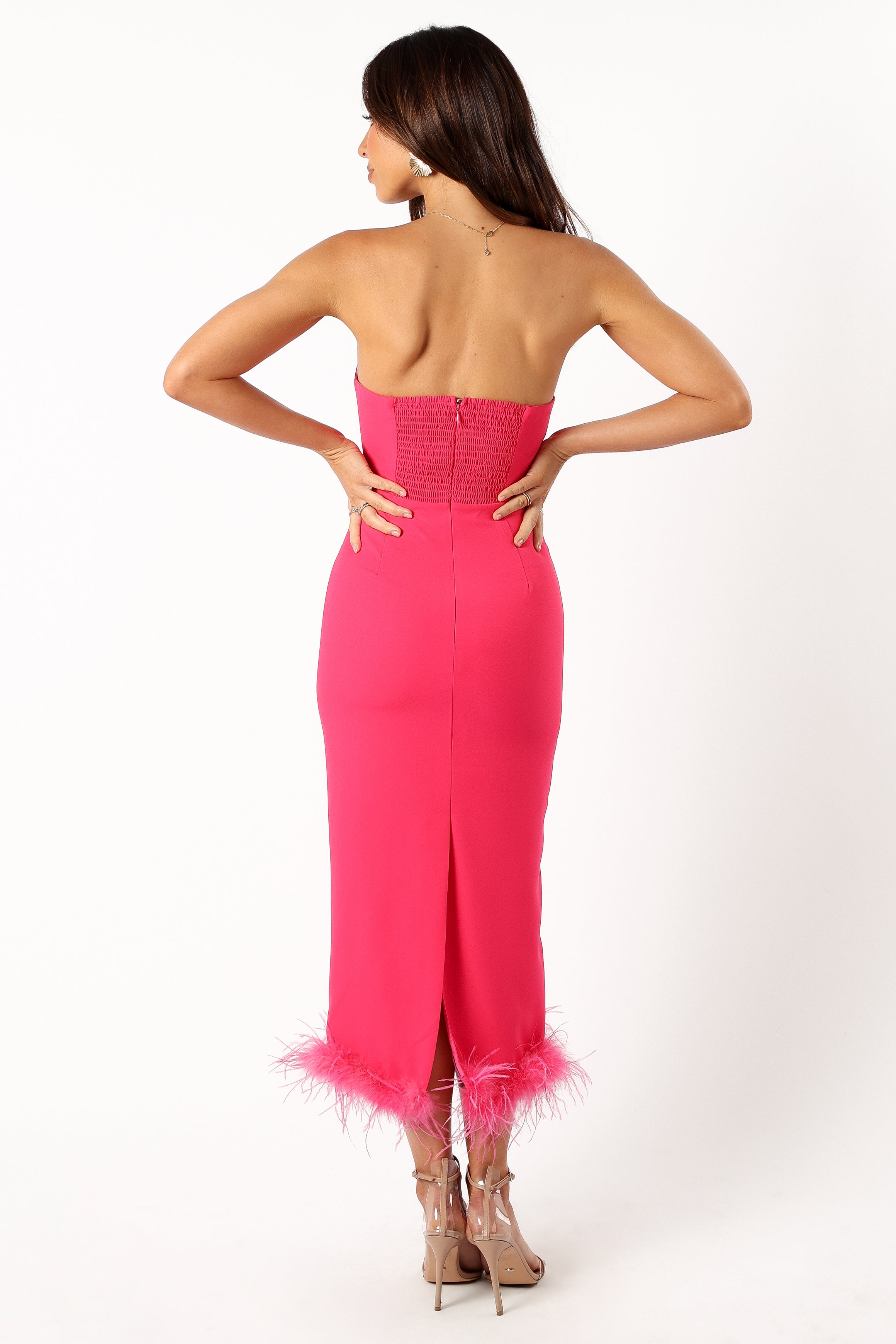Darbie Strapless Feather Midi Dress - Berry-Sunny Prom