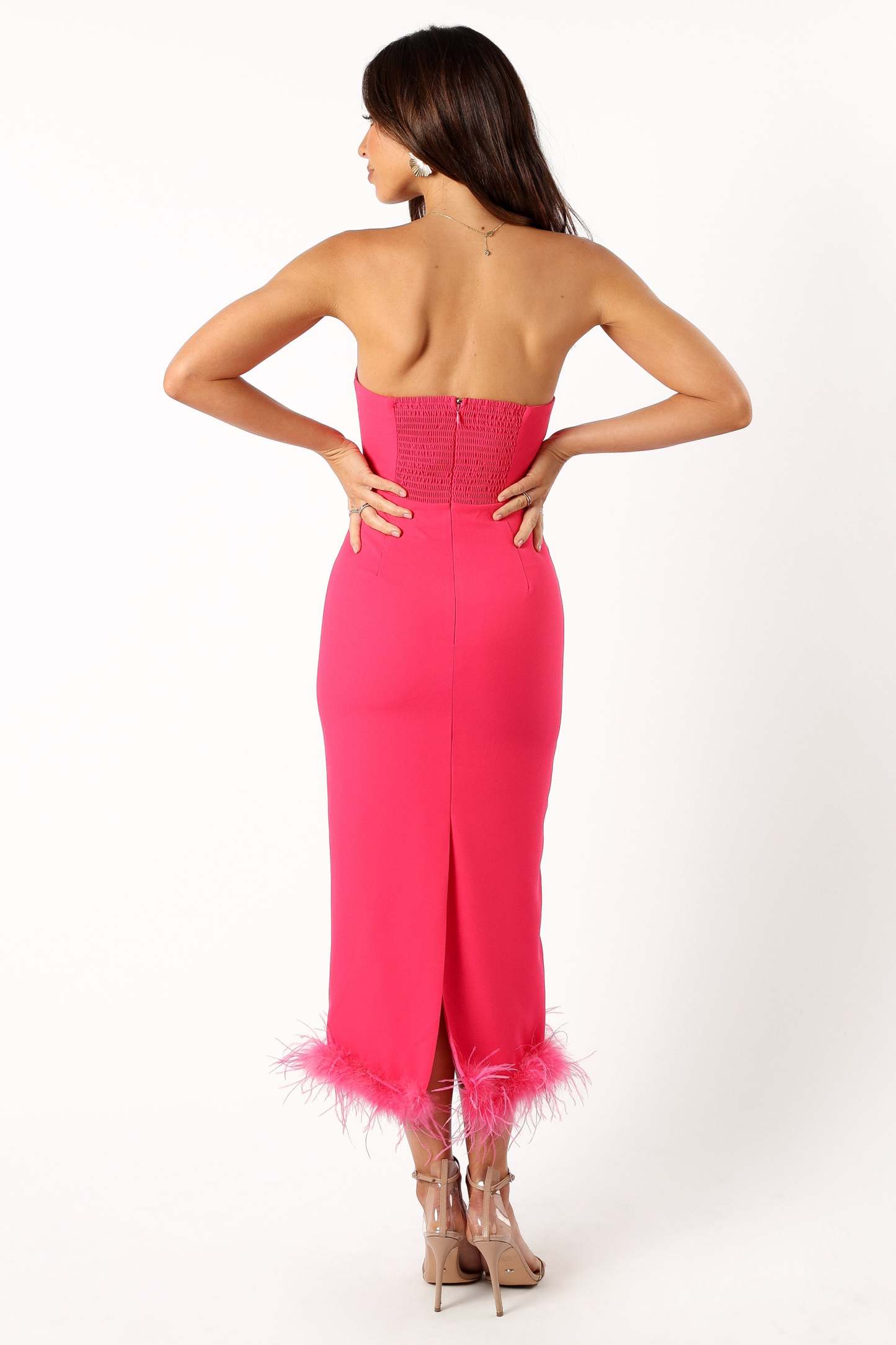 Darbie Strapless Feather Midi Dress - Berry-Sunny Prom