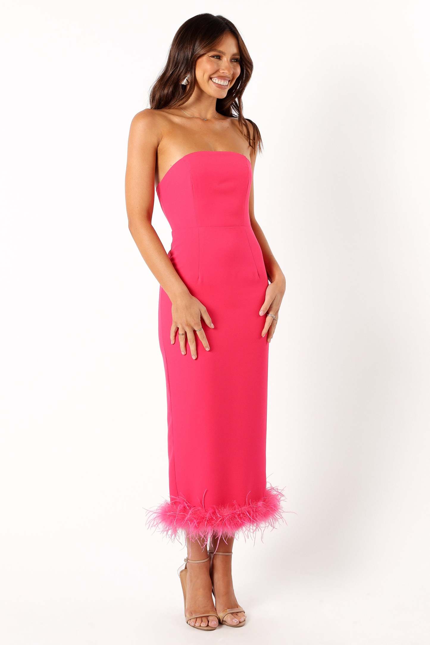 Darbie Strapless Feather Midi Dress - Berry-Sunny Prom