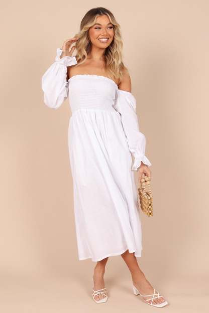 Domenica Shirred Long Sleeve Midi Dress - White-Sunny Prom