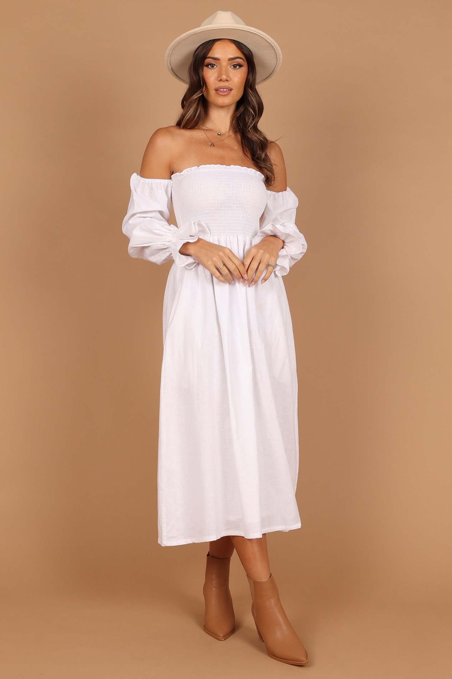 Domenica Shirred Long Sleeve Midi Dress - White-Sunny Prom