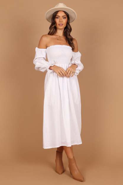Domenica Shirred Long Sleeve Midi Dress - White-Sunny Prom