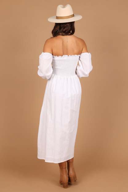 Domenica Shirred Long Sleeve Midi Dress - White-Sunny Prom