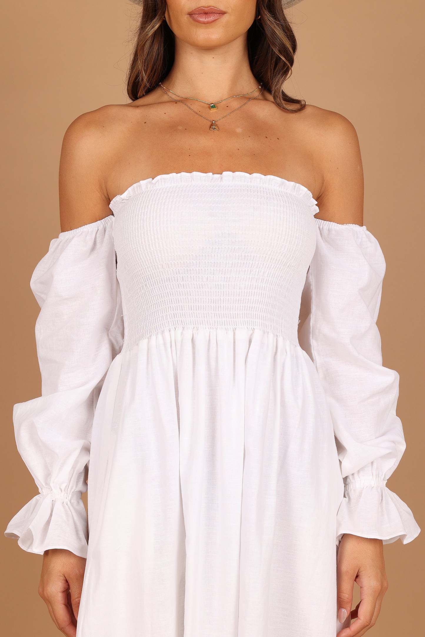Domenica Shirred Long Sleeve Midi Dress - White-Sunny Prom