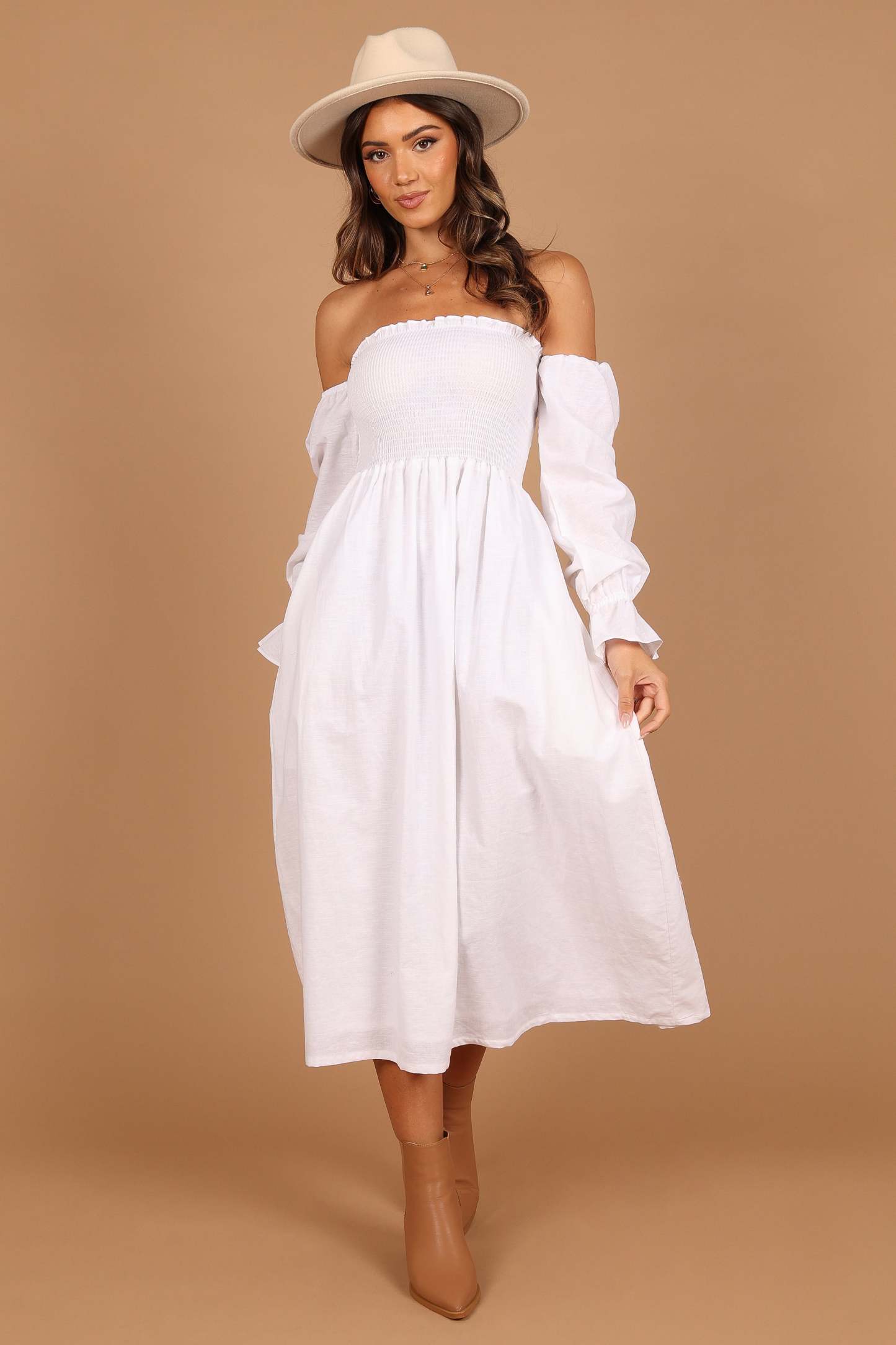 Domenica Shirred Long Sleeve Midi Dress - White-Sunny Prom