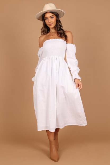 Domenica Shirred Long Sleeve Midi Dress - White-Sunny Prom