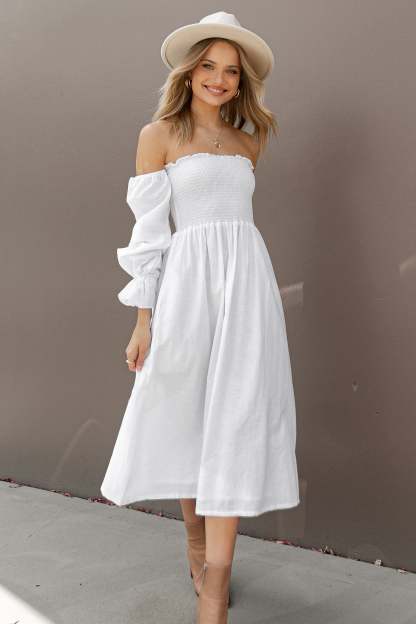Domenica Shirred Long Sleeve Midi Dress - White-Sunny Prom