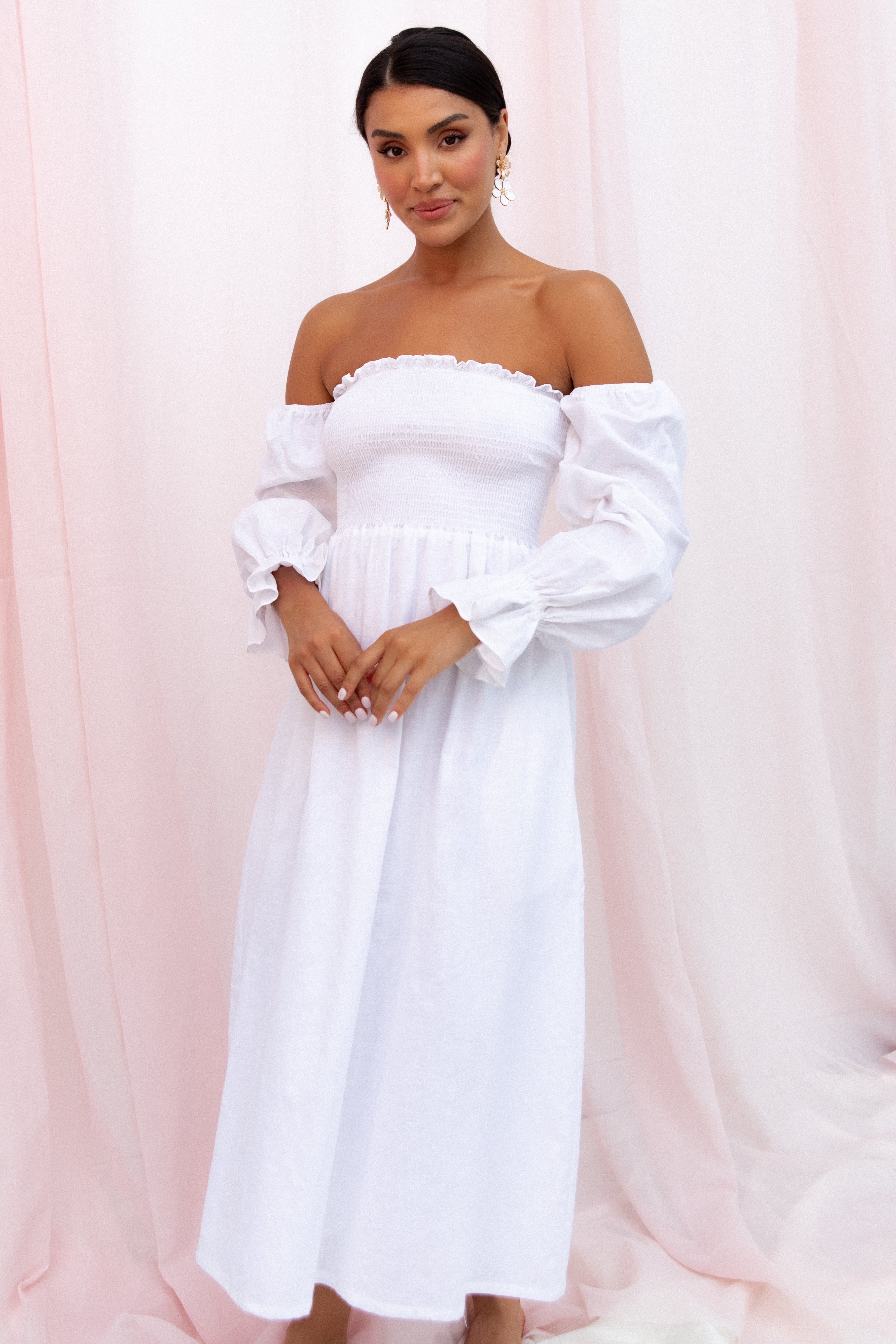 Domenica Shirred Long Sleeve Midi Dress - White-Sunny Prom