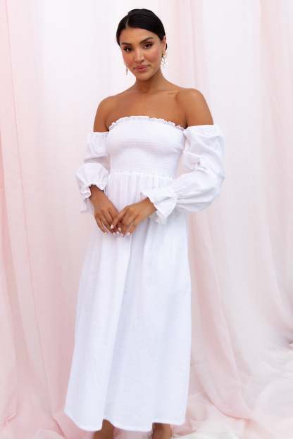 Domenica Shirred Long Sleeve Midi Dress - White-Sunny Prom