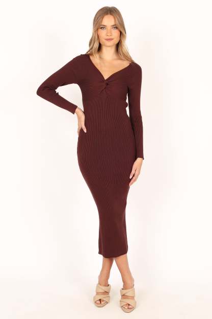 Fifi Long Sleeve Midi Dress - Wine-Sunny Prom