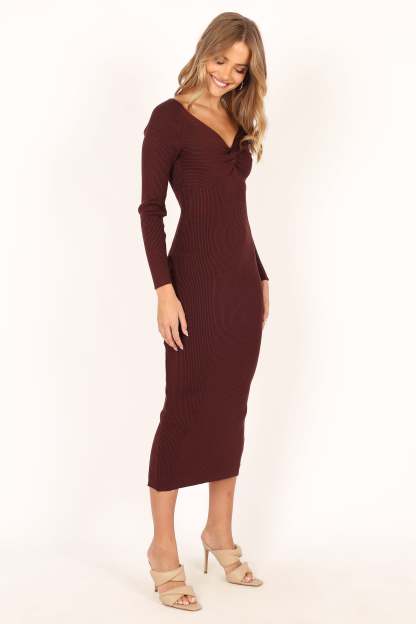 Fifi Long Sleeve Midi Dress - Wine-Sunny Prom