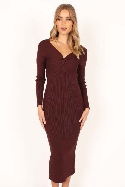 Fifi Long Sleeve Midi Dress - Wine-Sunny Prom
