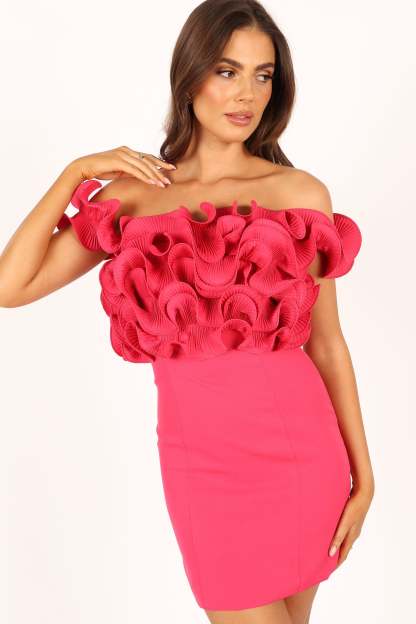 Gemma Off Shoulder Mini Dress - Hot Pink-Sunny Prom