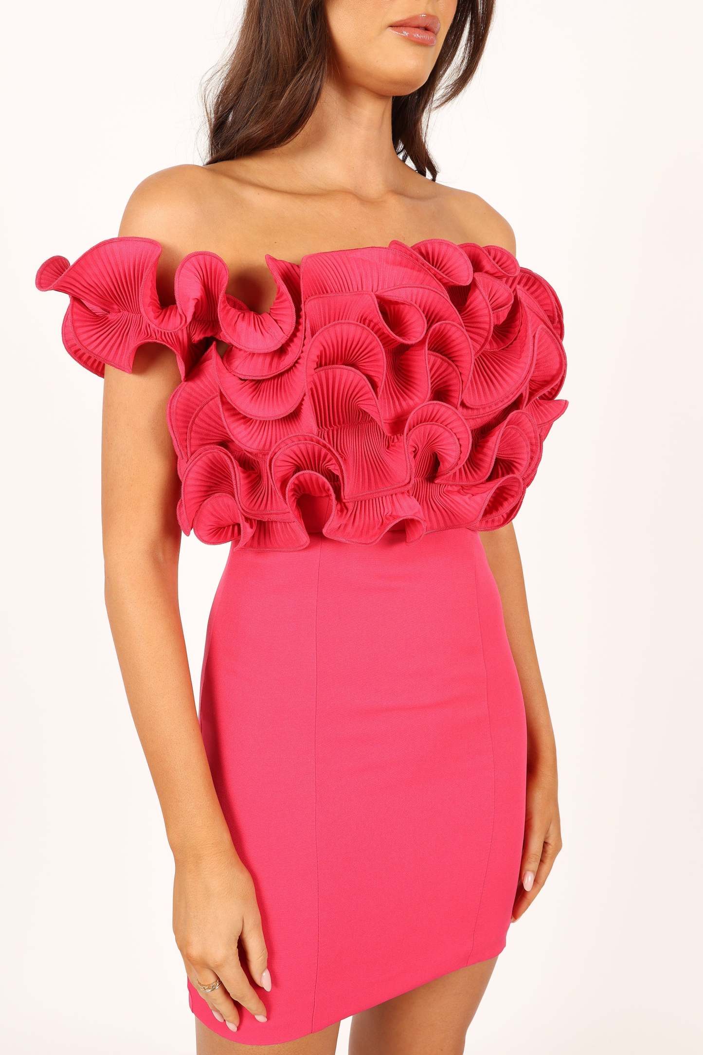 Gemma Off Shoulder Mini Dress - Hot Pink-Sunny Prom