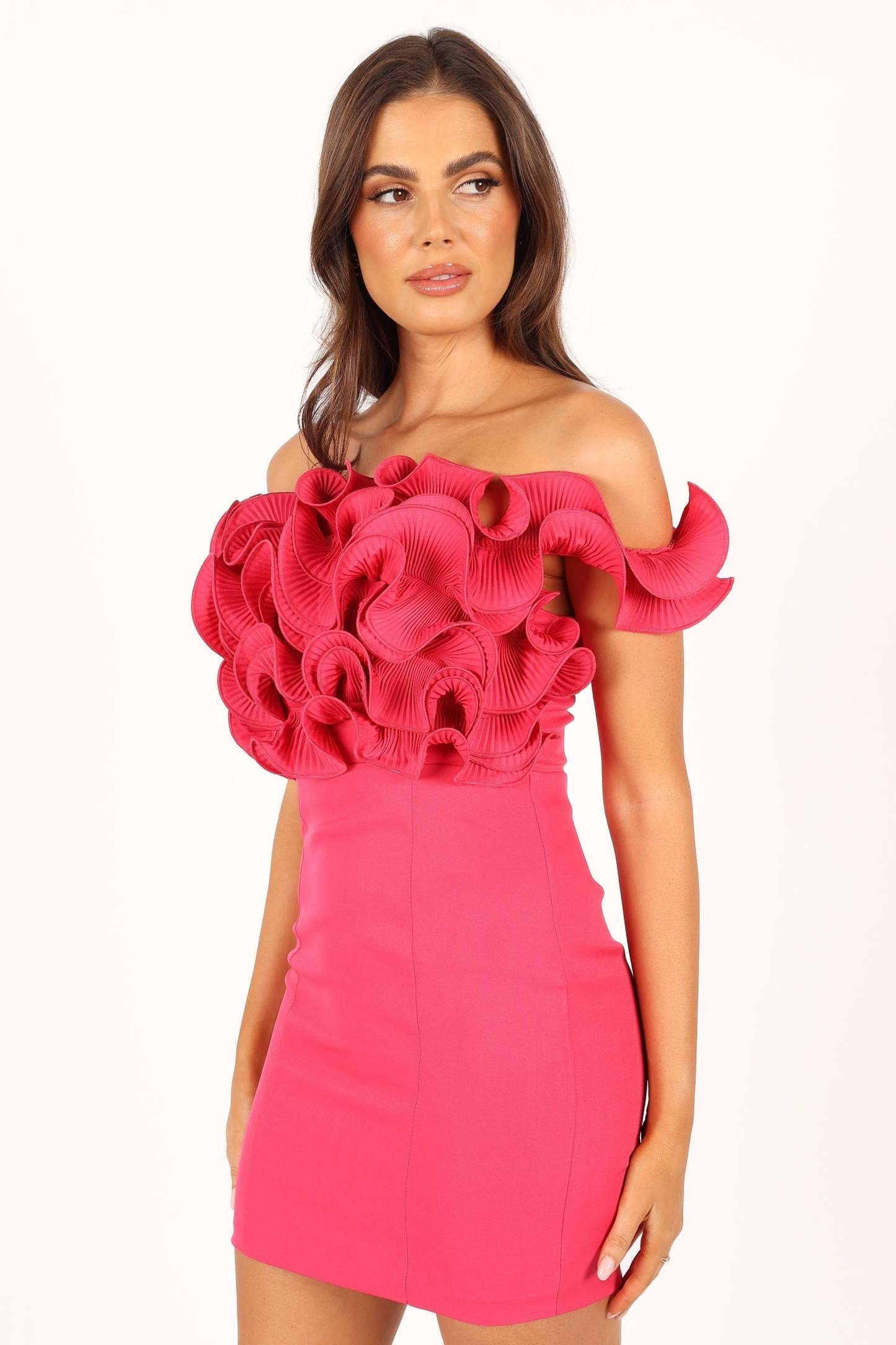 Gemma Off Shoulder Mini Dress - Hot Pink-Sunny Prom