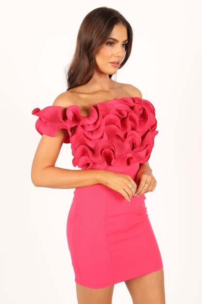Gemma Off Shoulder Mini Dress - Hot Pink-Sunny Prom
