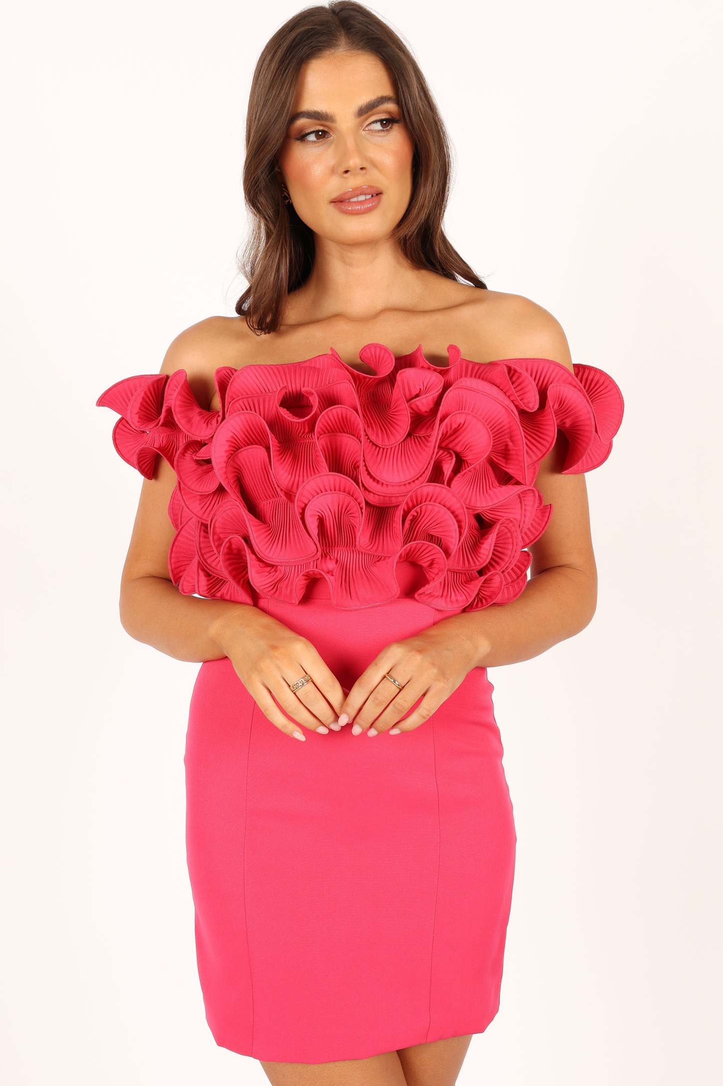 Gemma Off Shoulder Mini Dress - Hot Pink-Sunny Prom