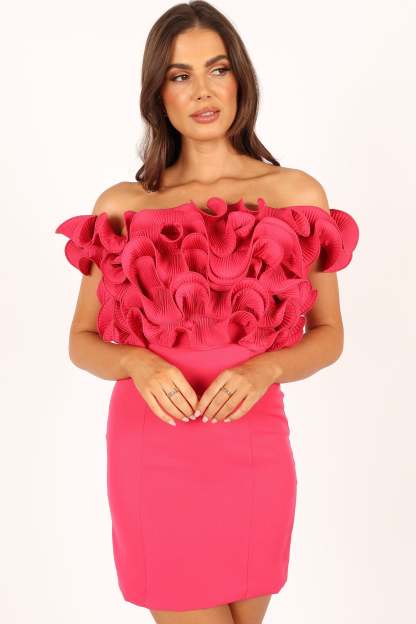 Gemma Off Shoulder Mini Dress - Hot Pink-Sunny Prom
