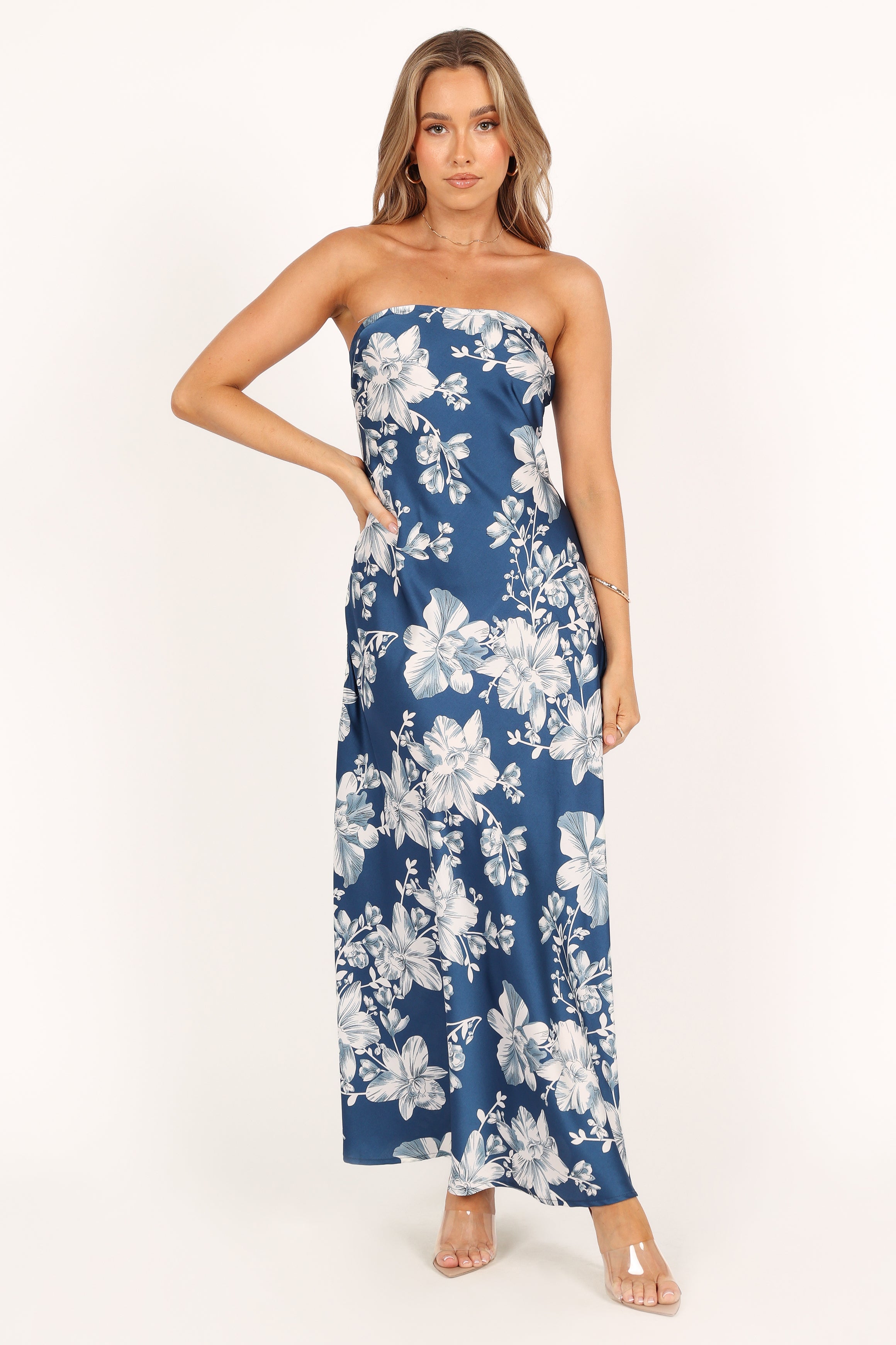 Gemma Strapless Maxi Dress - Blue Floral-Sunny Prom