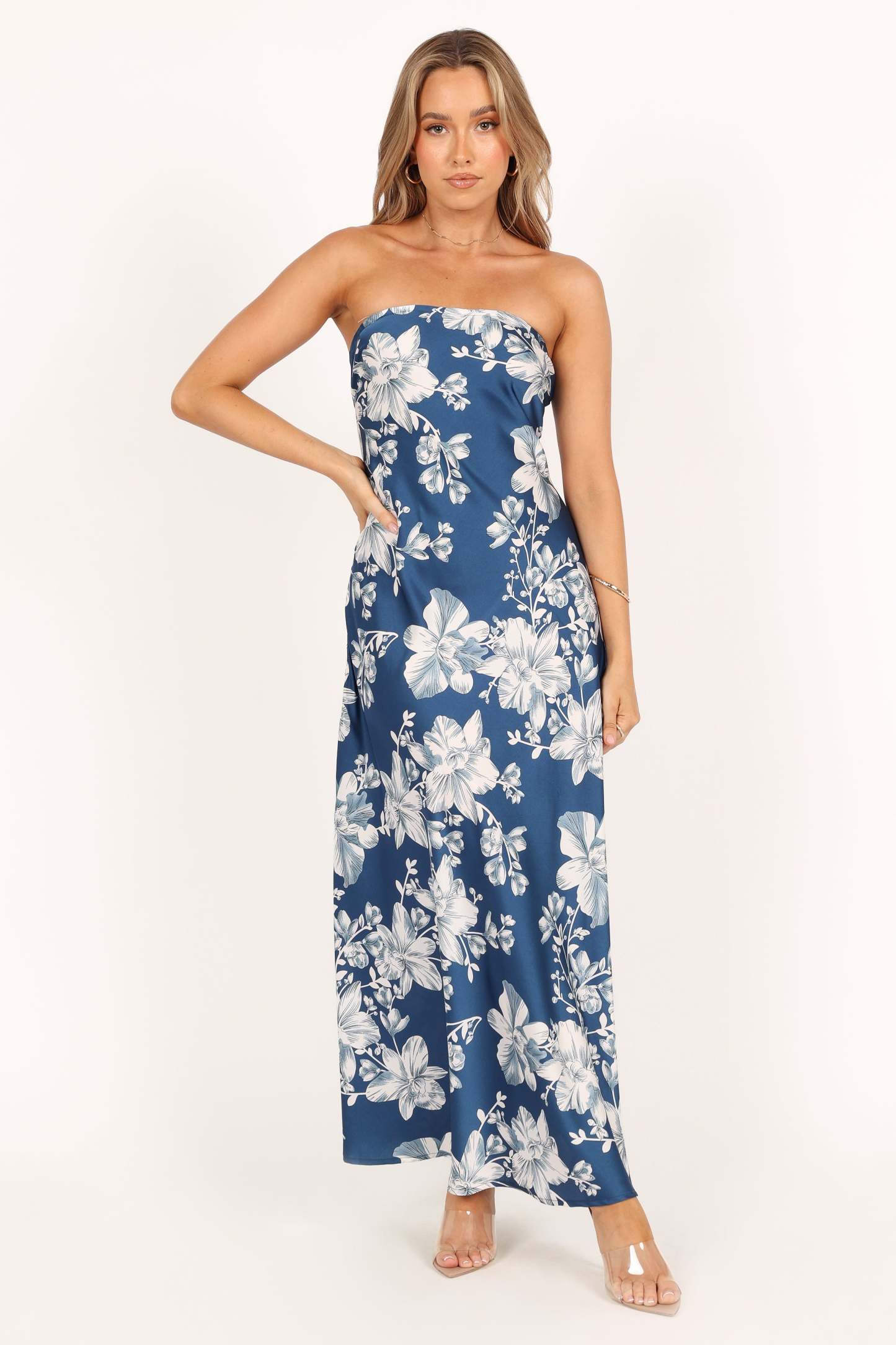 Gemma Strapless Maxi Dress - Blue Floral-Sunny Prom