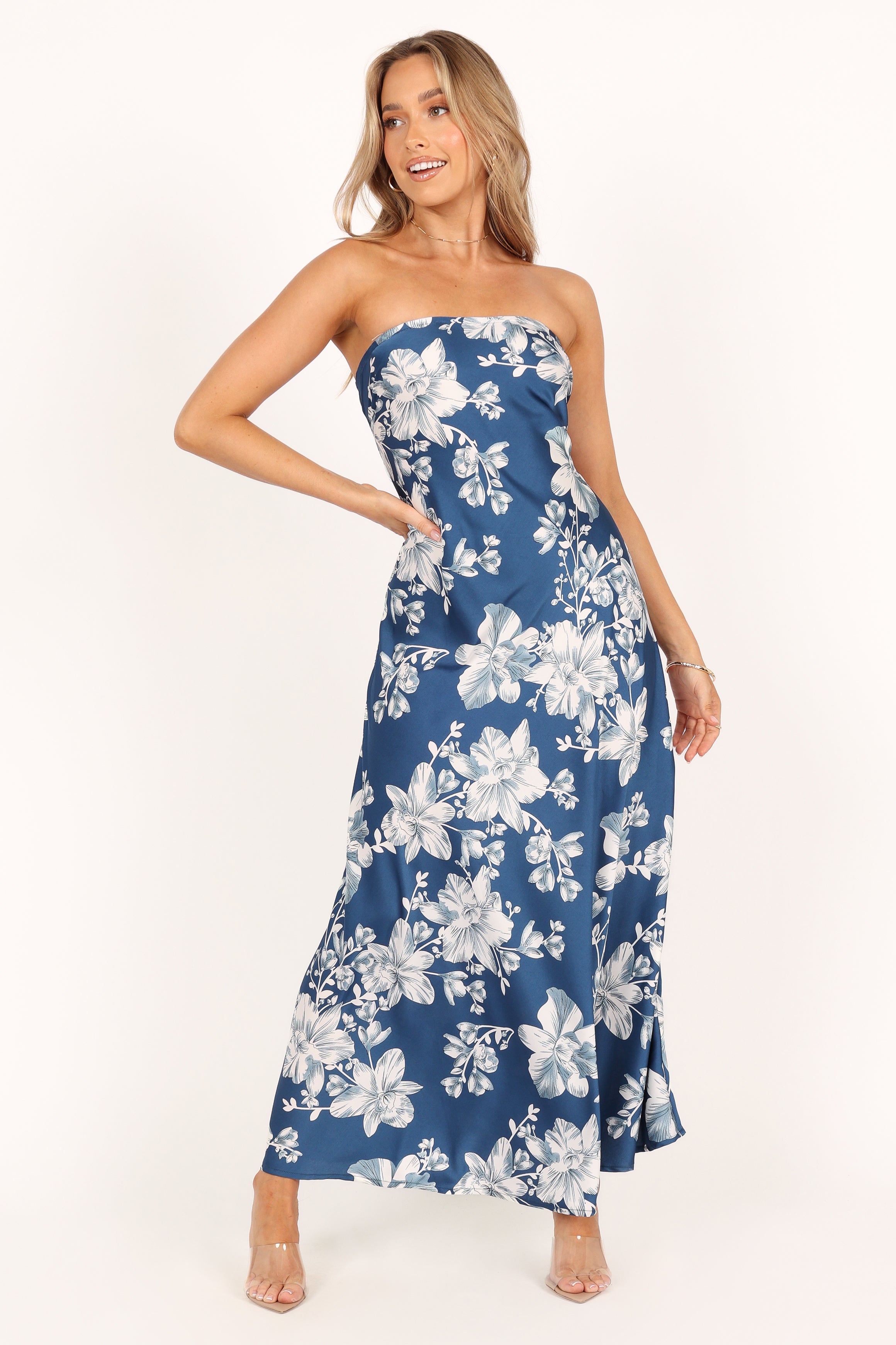 Gemma Strapless Maxi Dress - Blue Floral-Sunny Prom