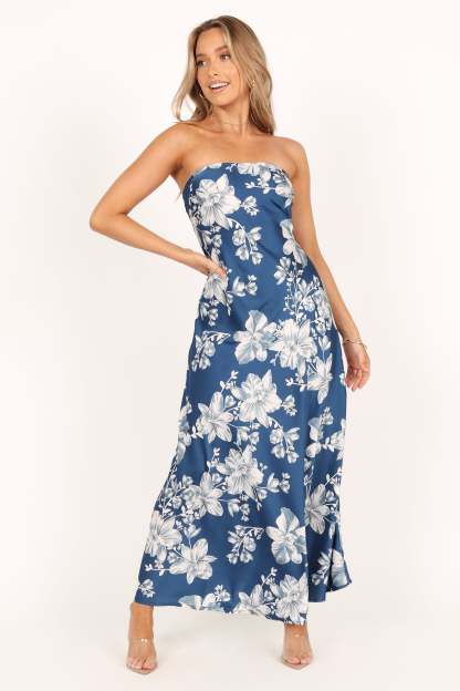 Gemma Strapless Maxi Dress - Blue Floral-Sunny Prom