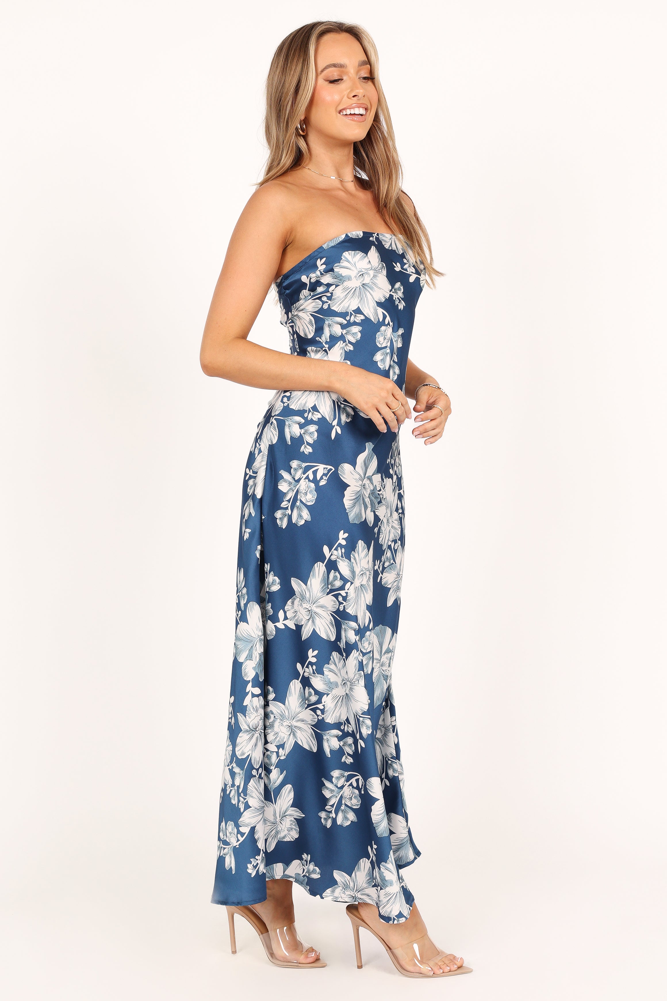 Gemma Strapless Maxi Dress - Blue Floral-Sunny Prom