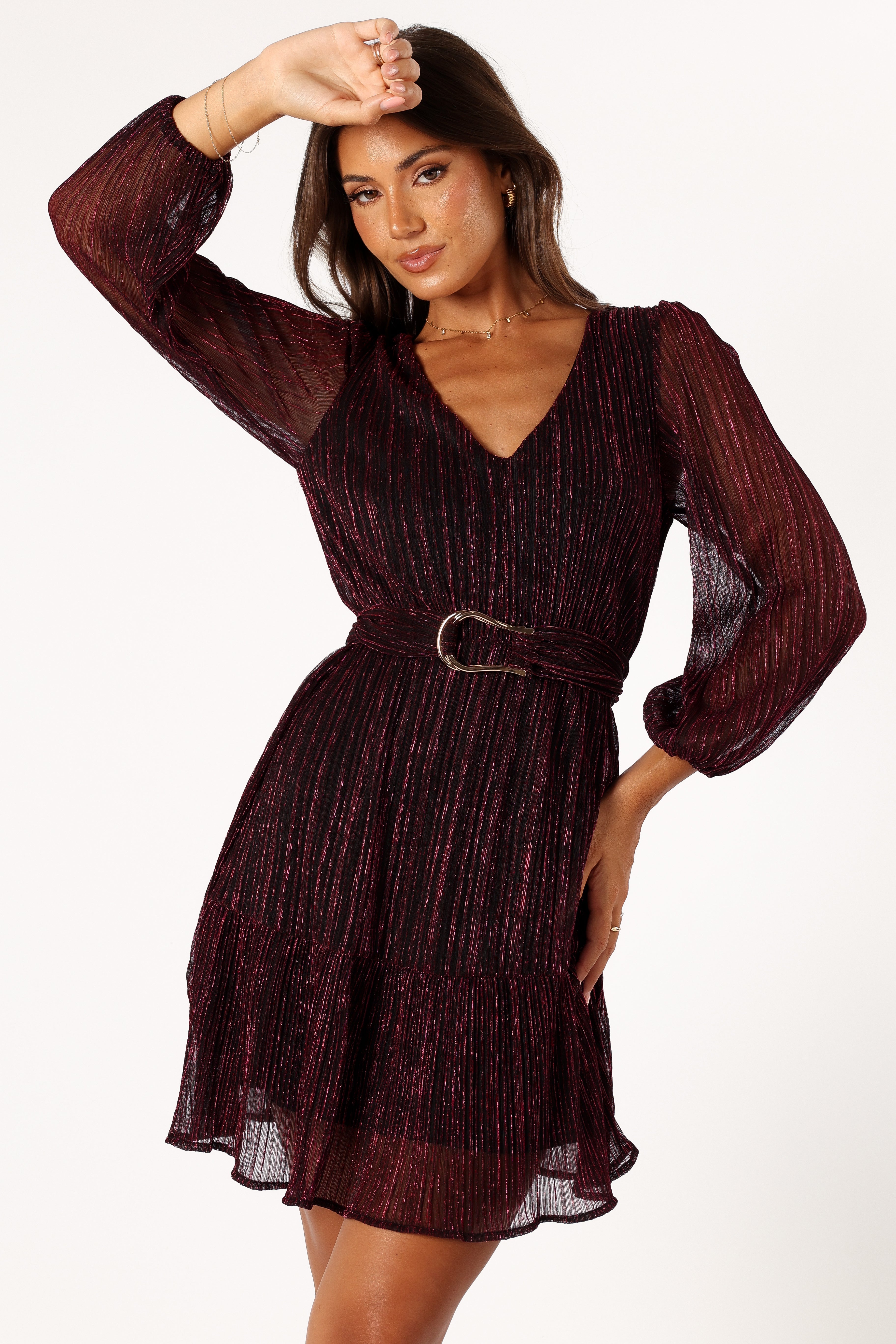 Glimmer Long Sleeve Mini Dress - Pink-Sunny Prom
