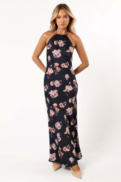 Hadley Halterneck Maxi Dress - Black Floral-Sunny Prom