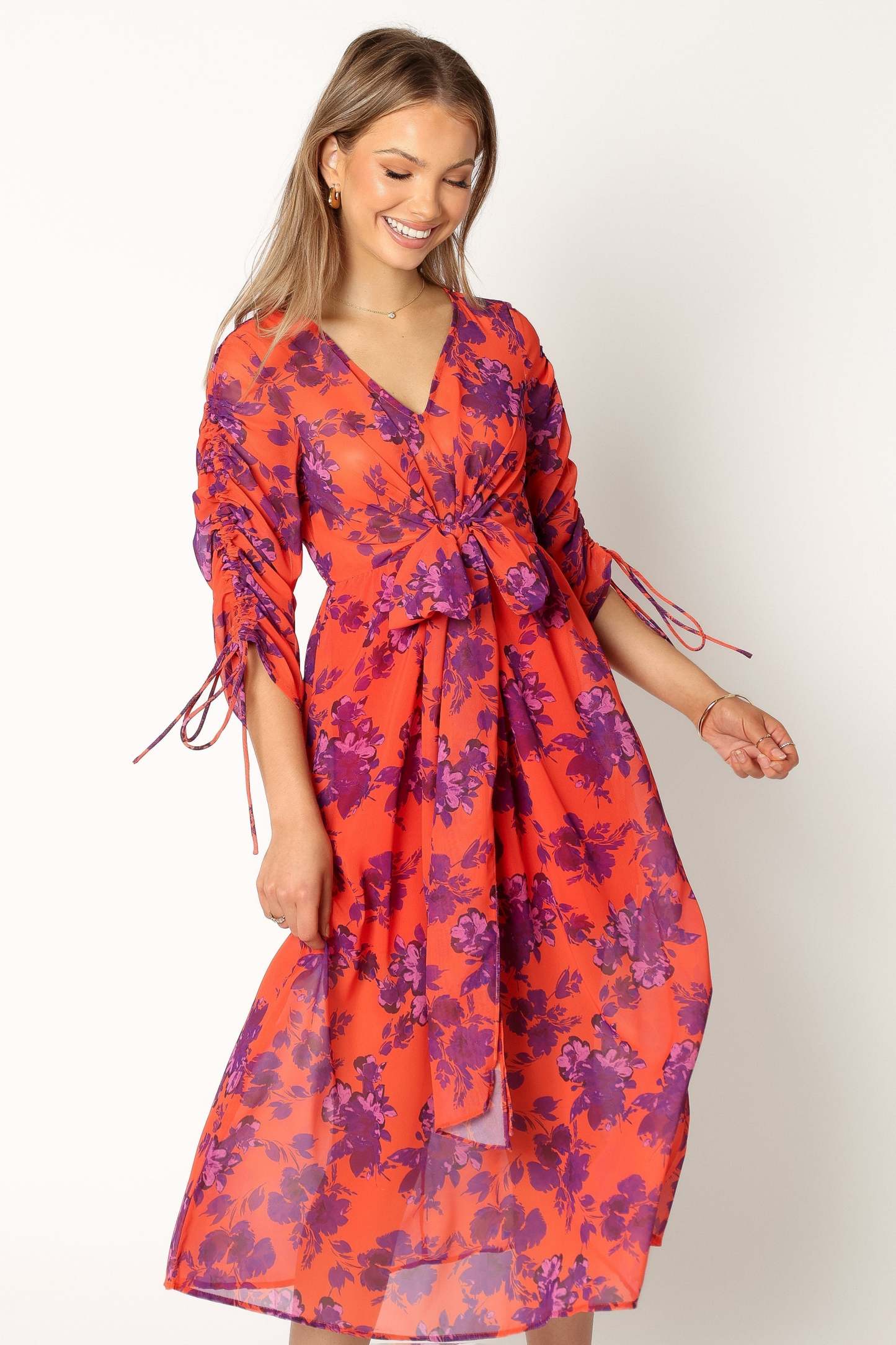 Hallie Midi Floral Dress - Red Wine-Sunny Prom