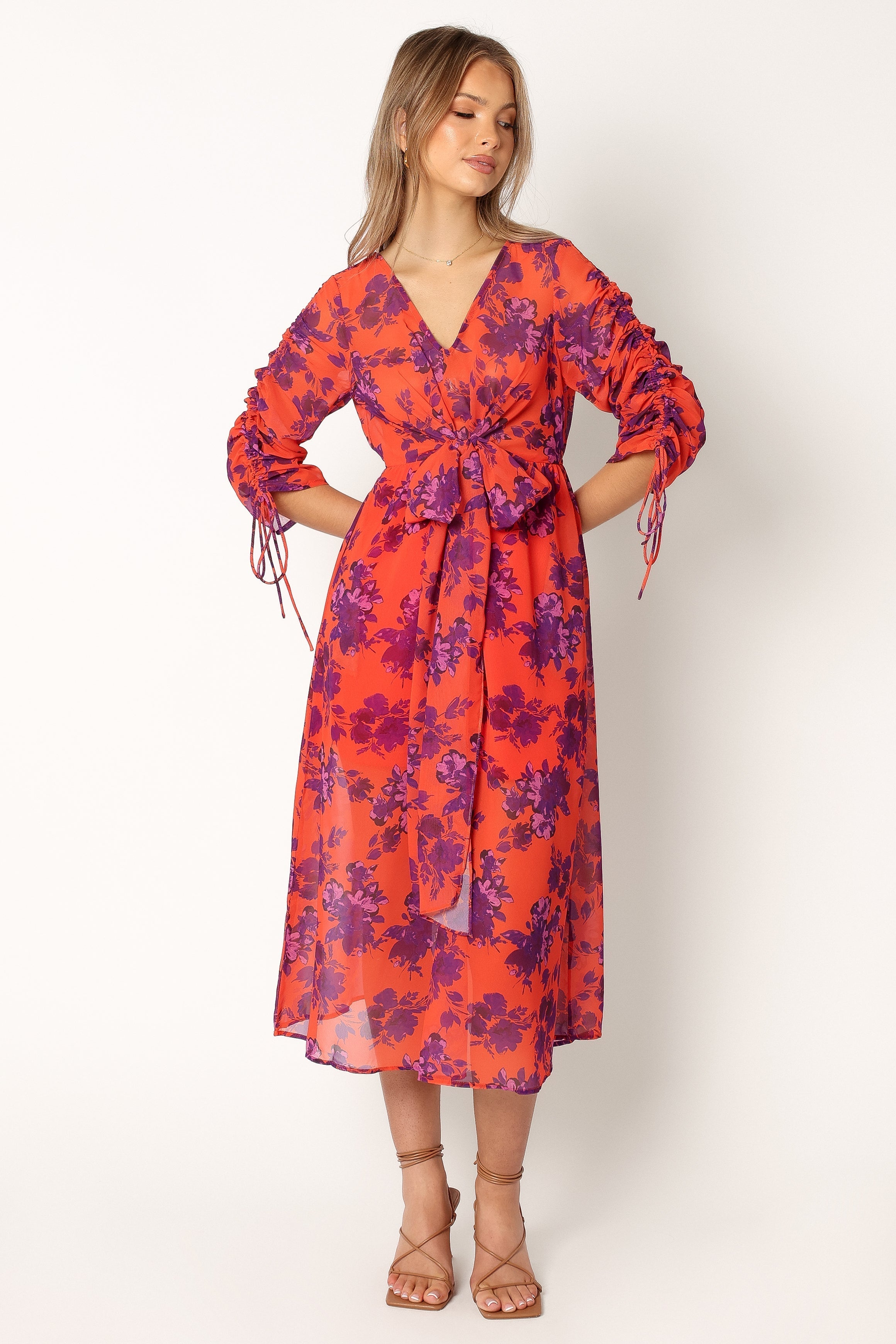 Hallie Midi Floral Dress - Red Wine-Sunny Prom
