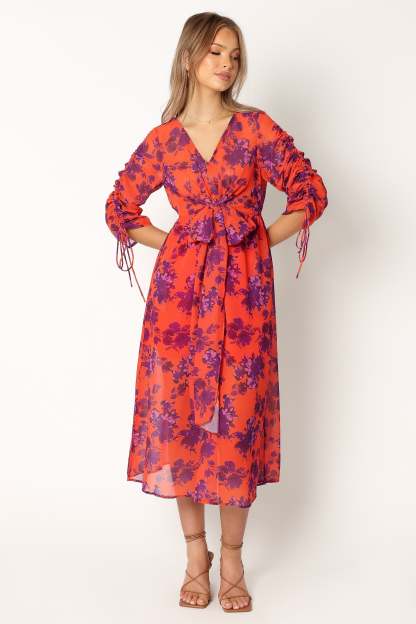 Hallie Midi Floral Dress - Red Wine-Sunny Prom