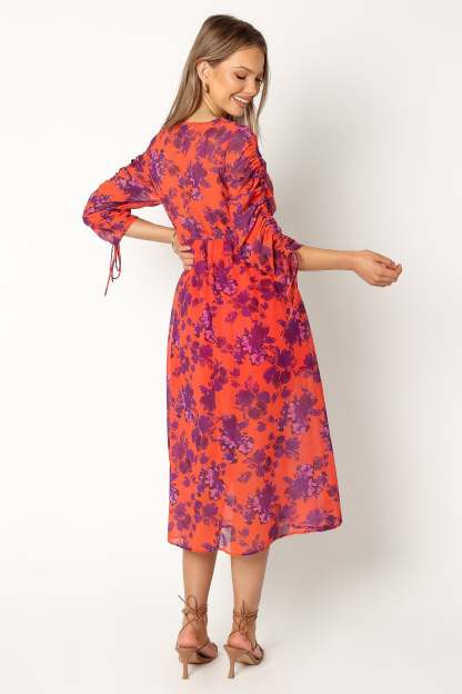 Hallie Midi Floral Dress - Red Wine-Sunny Prom