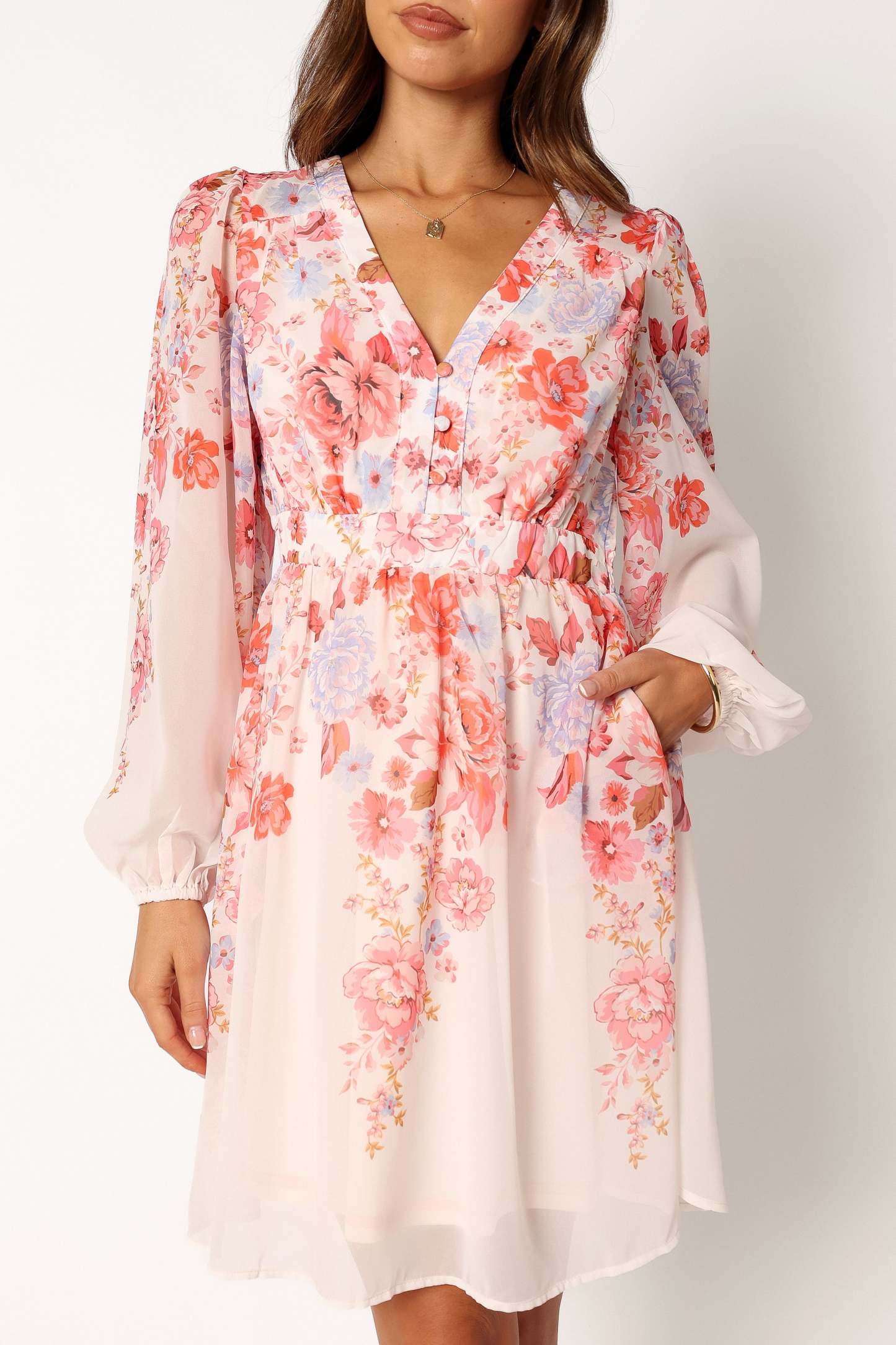 Hattie Long Sleeve Mini Dress - Pink Floral-Sunny Prom