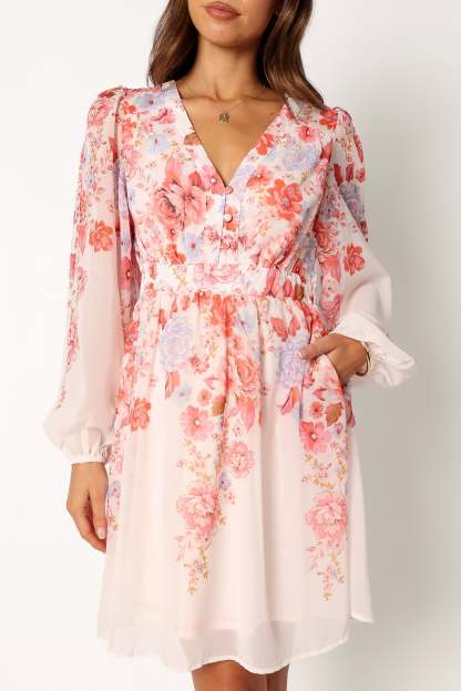 Hattie Long Sleeve Mini Dress - Pink Floral-Sunny Prom