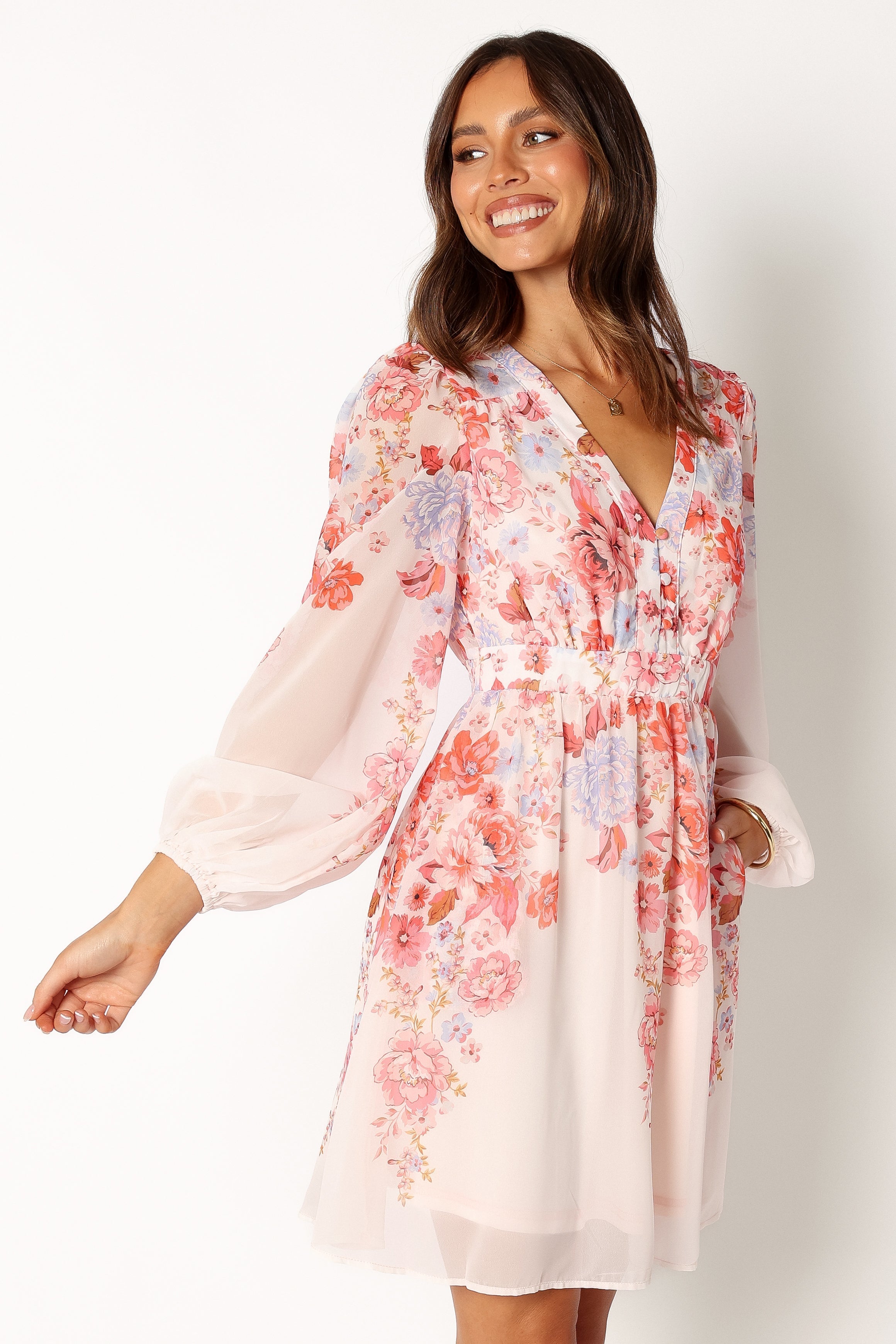 Hattie Long Sleeve Mini Dress - Pink Floral-Sunny Prom