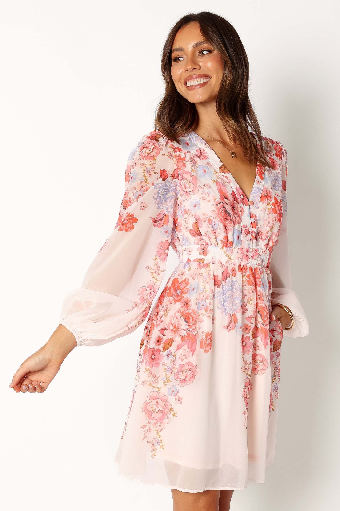 Hattie Long Sleeve Mini Dress - Pink Floral-Sunny Prom